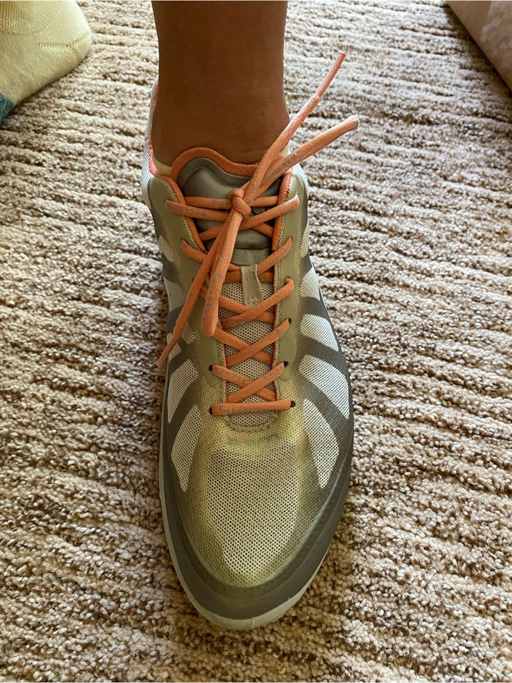 Ecco Women's Running Sneaker in Olive with Coral Laces.  7.5.  Runs narrow.
